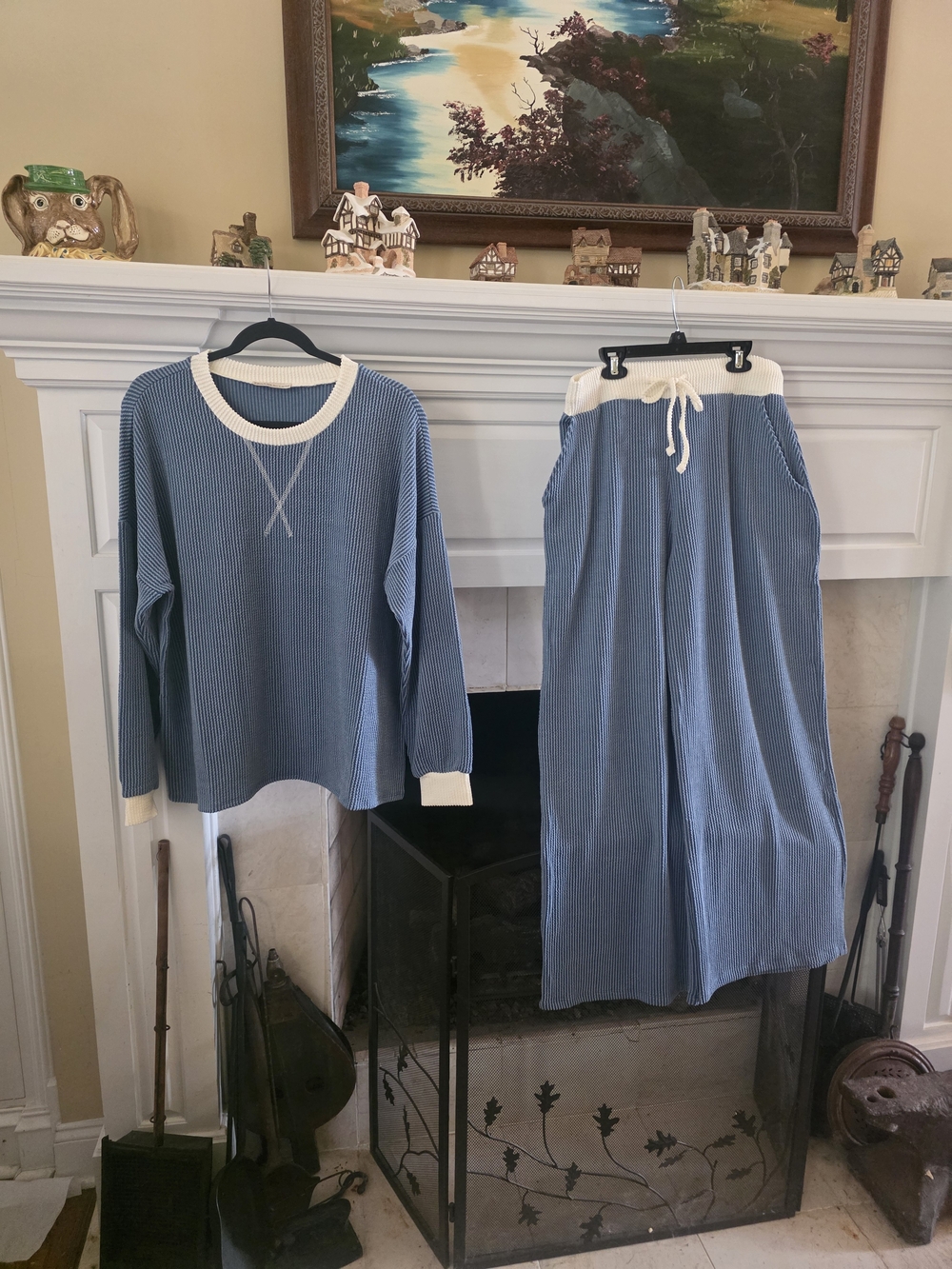 Zenana Outfitters Blue Wide-Leg Ribbed Two-Piece Set with Cream Trim